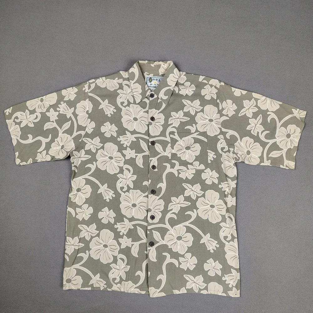 VINTAGE Hana Bay Hawaiian Shirt Medium Relaxed Sage Green Floral Print Cruise EC